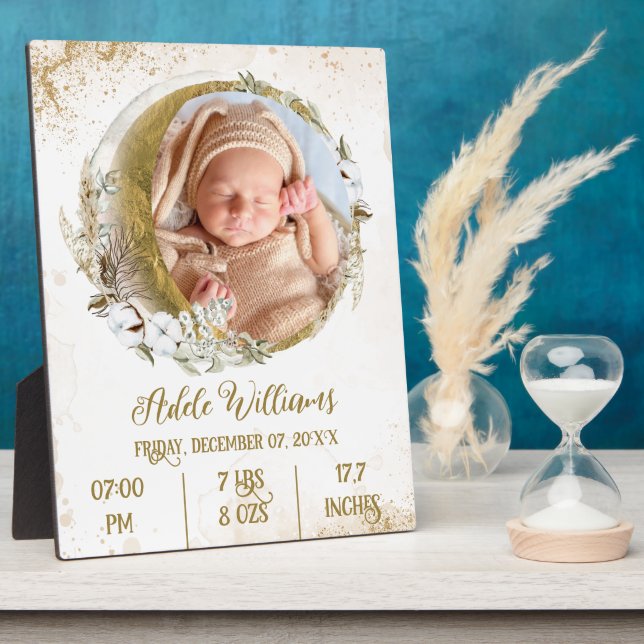 Gold Boho moon Baby Birth Stats with Photo Plaque (Side)