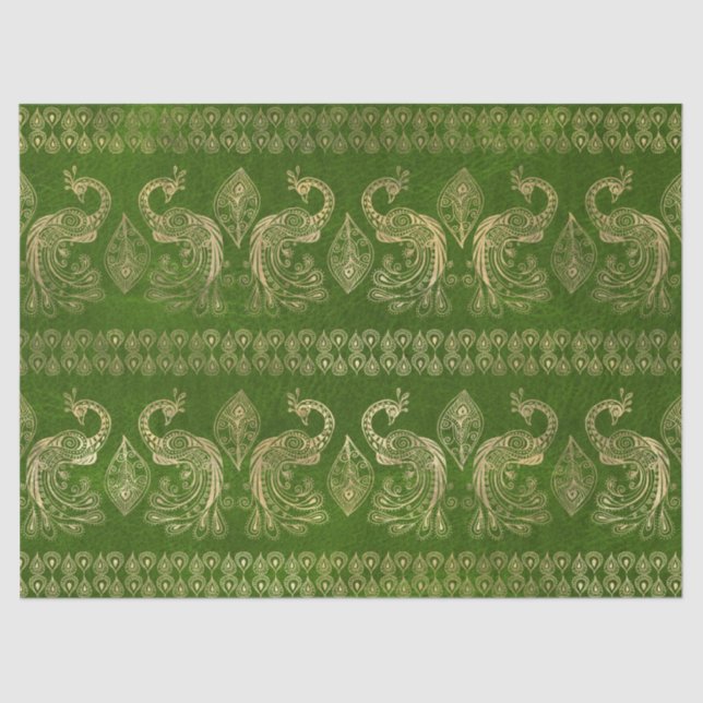 Gold Boho Peacocks on Bright Green Tissue Paper (Front)