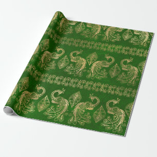 Gold Boho Peacocks on Bright Green Wrapping Paper