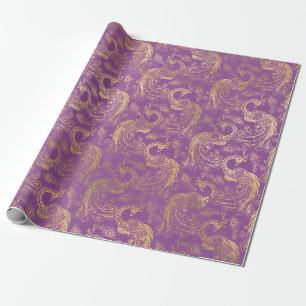 Gold Boho Peacocks on Lavender Wrapping Paper
