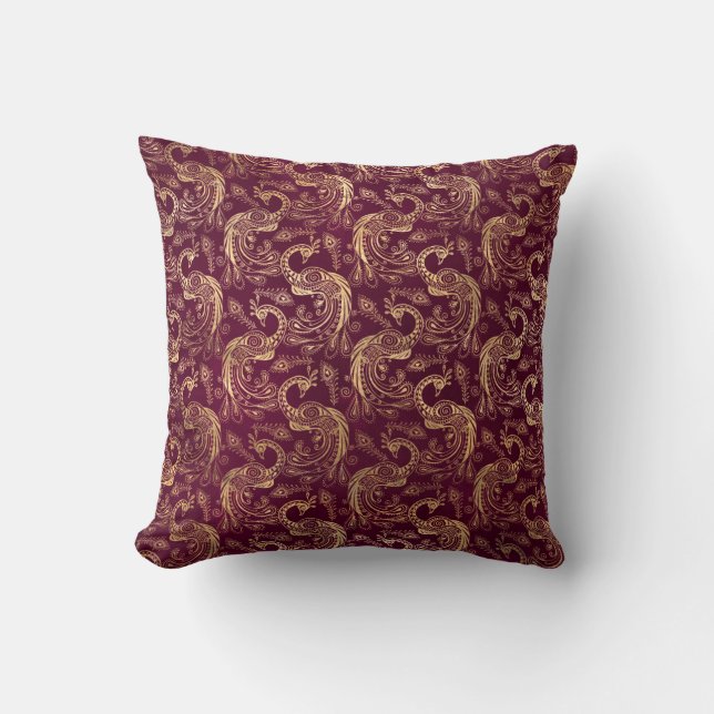 Gold Boho Peacocks on Purple Cushion (Front)