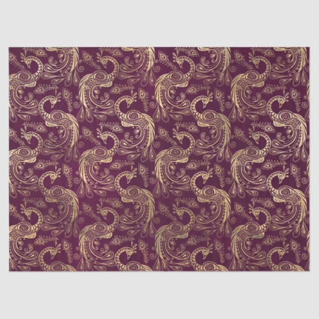 Gold Boho Peacocks on Purple Decoupage Tissue Paper (Front)