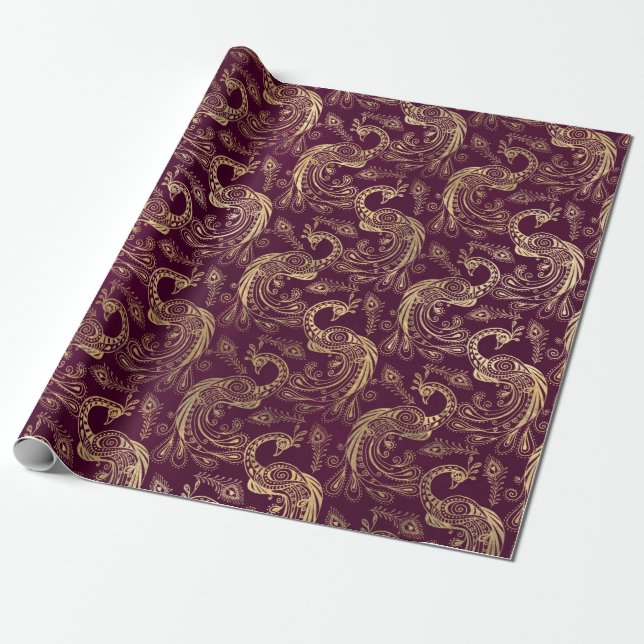 Gold Boho Peacocks on Purple Wrapping Paper (Unrolled)