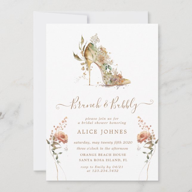 gold boho stiletto shoe bridal brunch invitation (Front)