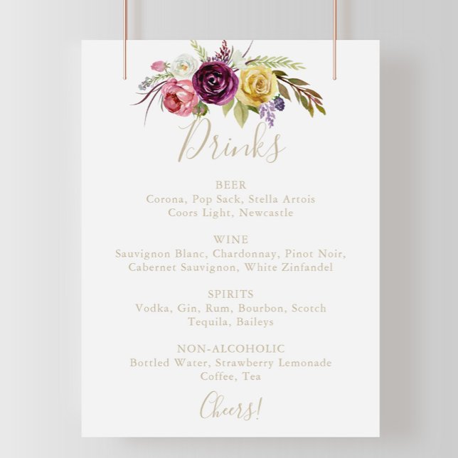 Gold Boho Tropical Floral Wedding Drinks Menu Sign (Creator Uploaded)