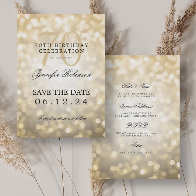 Gold Bokeh 70th Birthday Save the Date w/ Details Invitation (Gold Bokeh 70th Birthday Save the Date w/ Details Invitation)