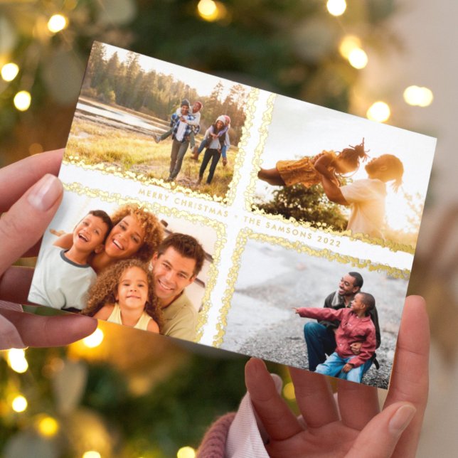 Gold Bokeh Frames Merry Christmas MULTI Photo Foil Holiday Card (Creator Uploaded)