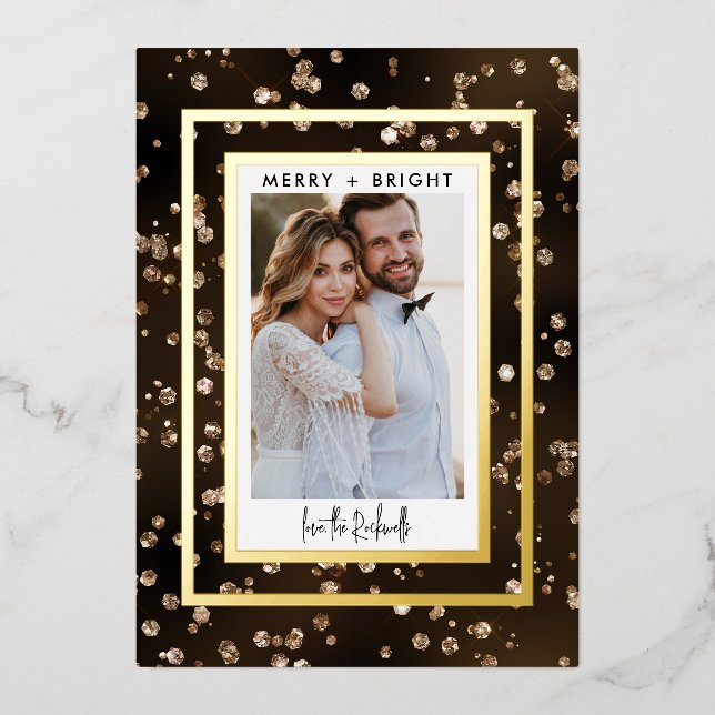Gold Bokeh & Glitter 1 Photo Real Foil Holiday Card (Front)