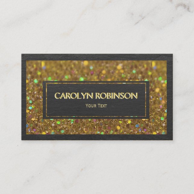 Gold Bokeh Glitter with Black Leather Business Card (Front)