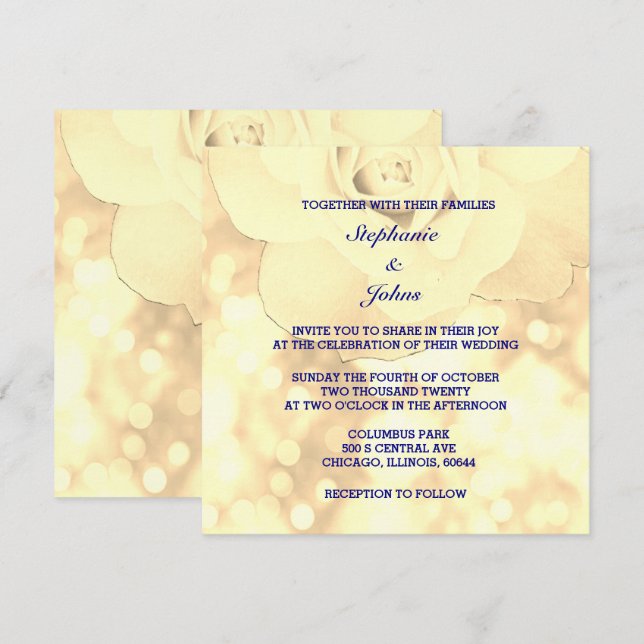 Gold Bokeh Ivory Sepia Floral Glitter Wedding Invitation (Front/Back)