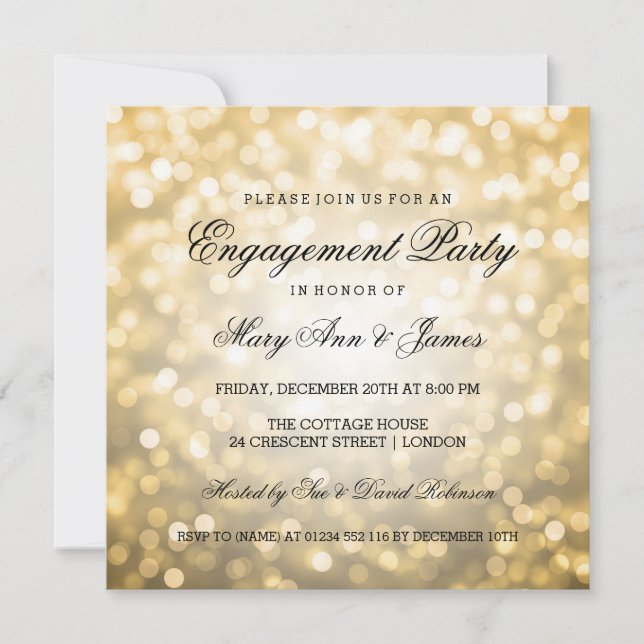 Gold Bokeh Lights Elegant Engagement Party Invitation (Front)