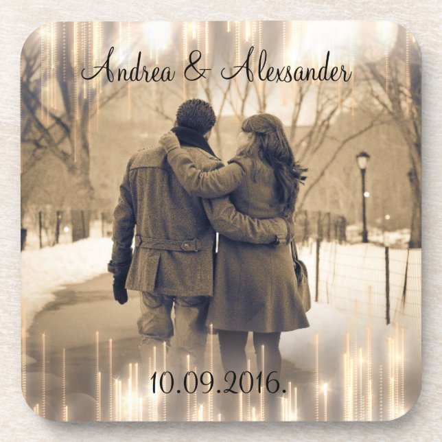 gold bokeh save the date coaster (Front)