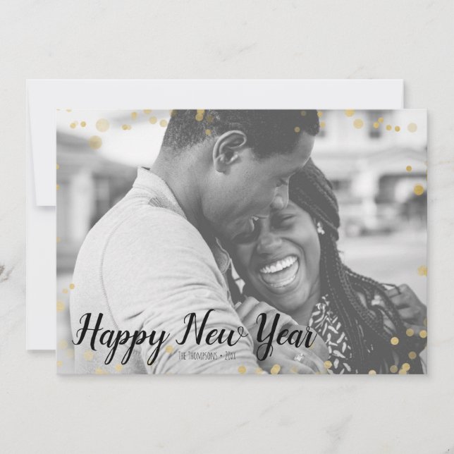 Gold Bokeh Snow Happy New Year Photo Card (Front)