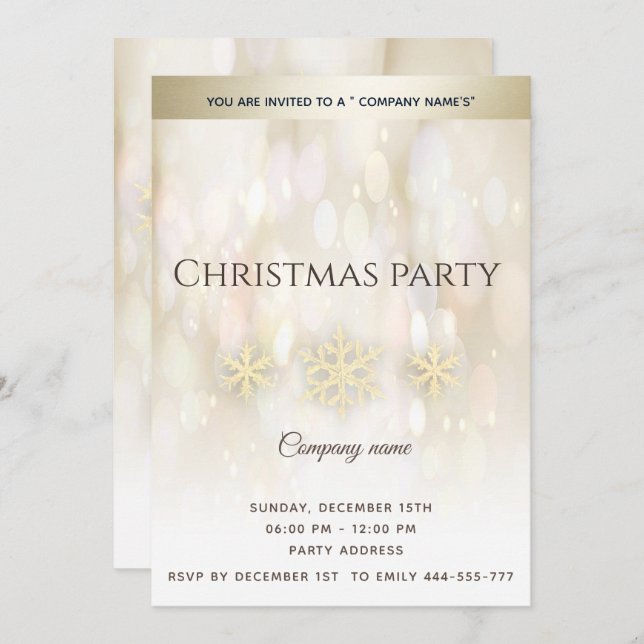 Gold bokeh snowflakes corporate Christmas party  I Invitation (Front/Back)