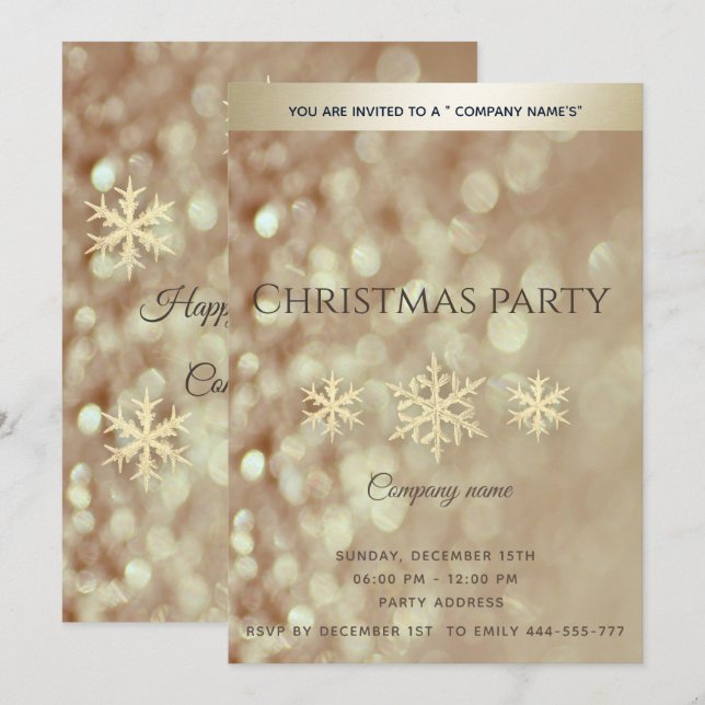 Gold bokeh snowflakes corporate Christmas party  Invitation (Front/Back)