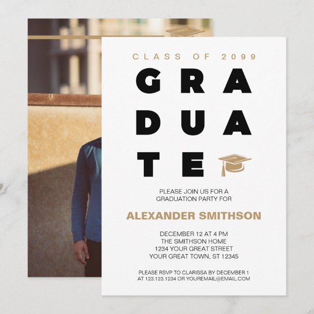 Gold Bold GRADUATE Letters and Cap Graduation Invitation (Front/Back)