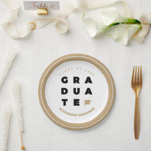 Gold Bold GRADUATE Letters and Cap Graduation Paper Plate