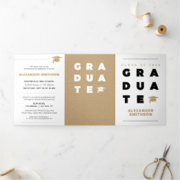Gold Bold GRADUATE Letters and Cap Graduation Tri-Fold Announcement