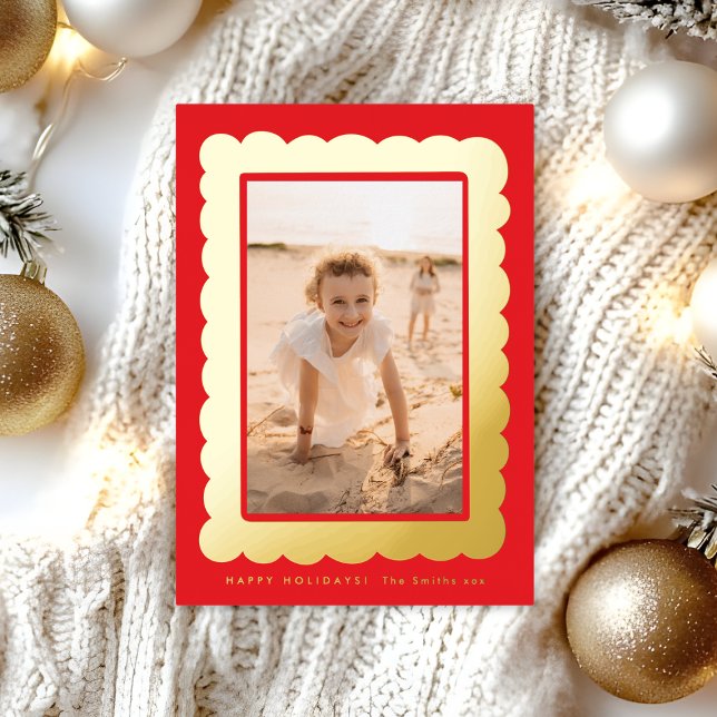 gold bold modern red retro photo frame foil holiday card (Creator Uploaded)