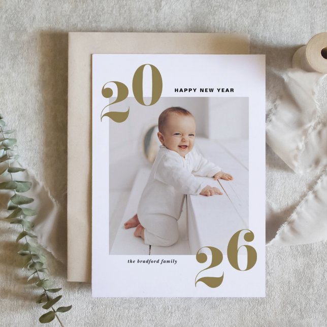 Gold Bold Typography 2025 New Year Photo Holiday Card (Customizable photo Happy New Year card featuring 2026 in gold retro bold typography.)