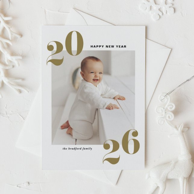 Gold Bold Typography 2025 New Year Photo Holiday Postcard (Customizable photo Happy New Year postcard featuring 2026 in gold retro bold typography.)