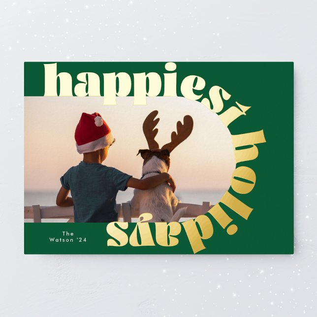 gold bold typography & green oval photo christmas foil holiday card (Creator Uploaded)