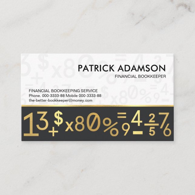 Gold Bookkeeping Financial Numbers Business Card (Front)