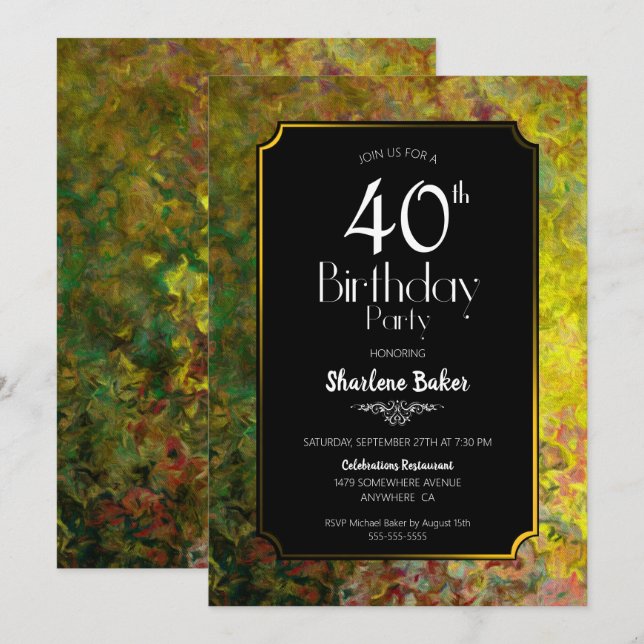 Gold Border Black 40th Birthday Party Invitation (Front/Back)