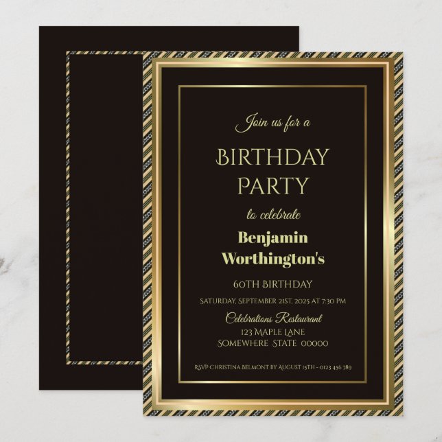 Gold Border Black 60th Birthday Invitation (Front/Back)
