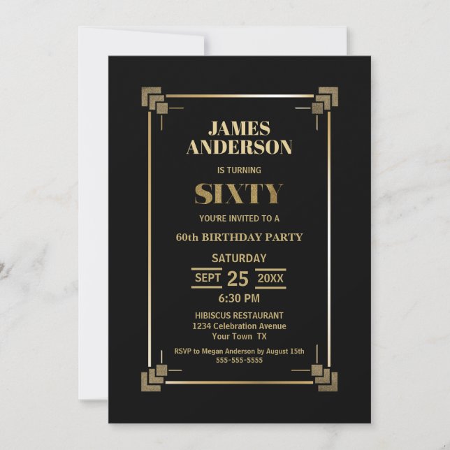 Gold Border Black 60th Birthday Party Invitation (Front)