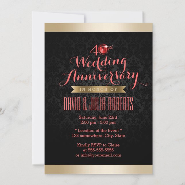 Gold Border Black Damask Ruby Wedding Anniversary Invitation (Front)