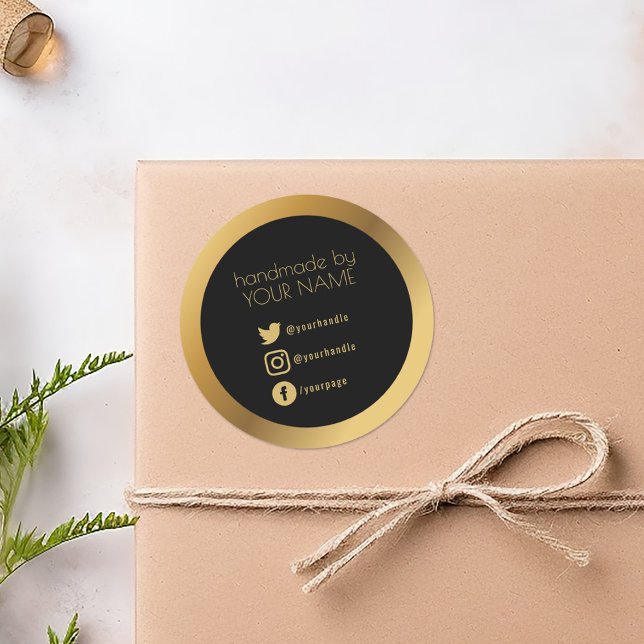 Gold border, black thank you packaging classic round sticker (Black round thank you for your purchase sticker with gold script and social media icons.)