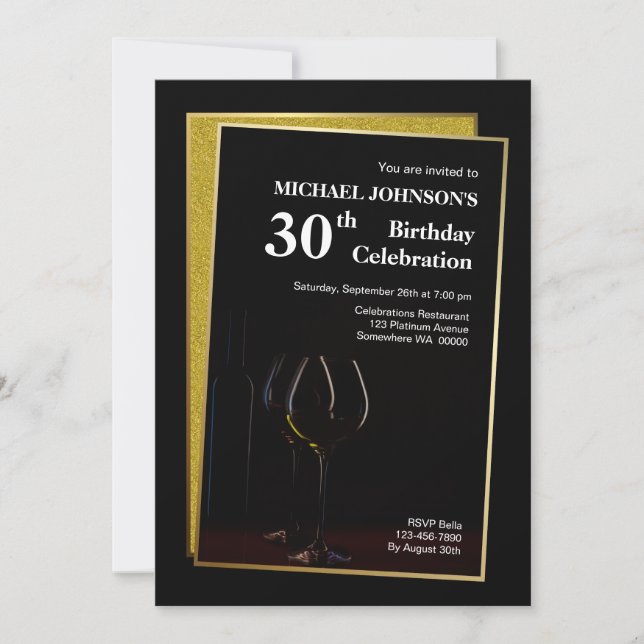 Gold Border Black Wine Glass 30th Birthday Party Invitation (Front)