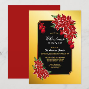 Gold Border Black with Poinsettia Christmas Dinner Invitation
