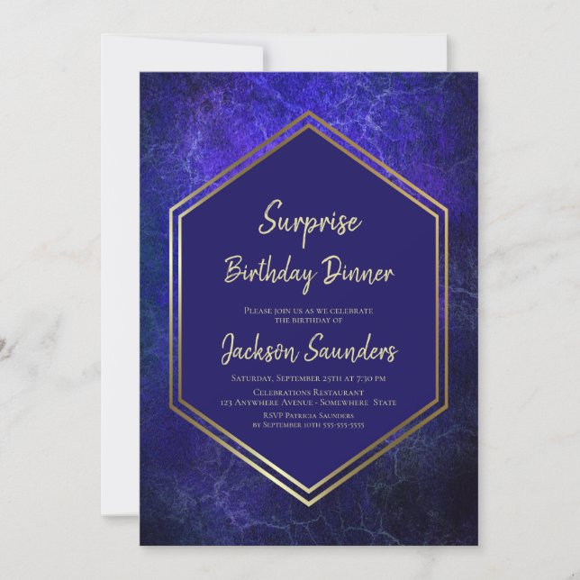 Gold Border Blue Surprise Birthday Dinner Invitation (Front)