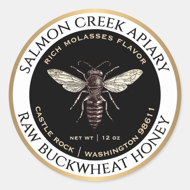 Gold Border Buckwheat Honey Queen Bee Classic Round Sticker (Front)