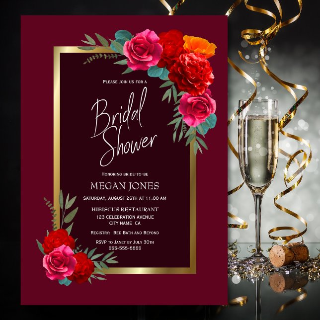 Gold Border Burgundy Floral Bridal Shower Invitation (Creator Uploaded)
