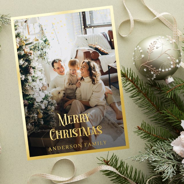  Gold Border Confetti Christmas Family Photo Foil Holiday Card (Creator Uploaded)