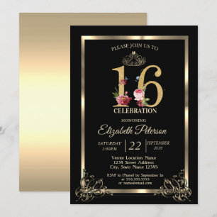 Gold Border Crown Floral Sweet 16 Party  Invitation