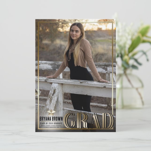 Gold Border Duo Grad Graduation Photo Announcement (Standing Front)