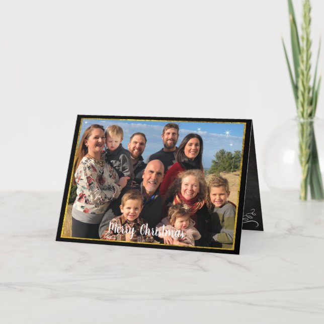 Gold Border Family Photo Chalkboard Christmas Holiday Card (Front)