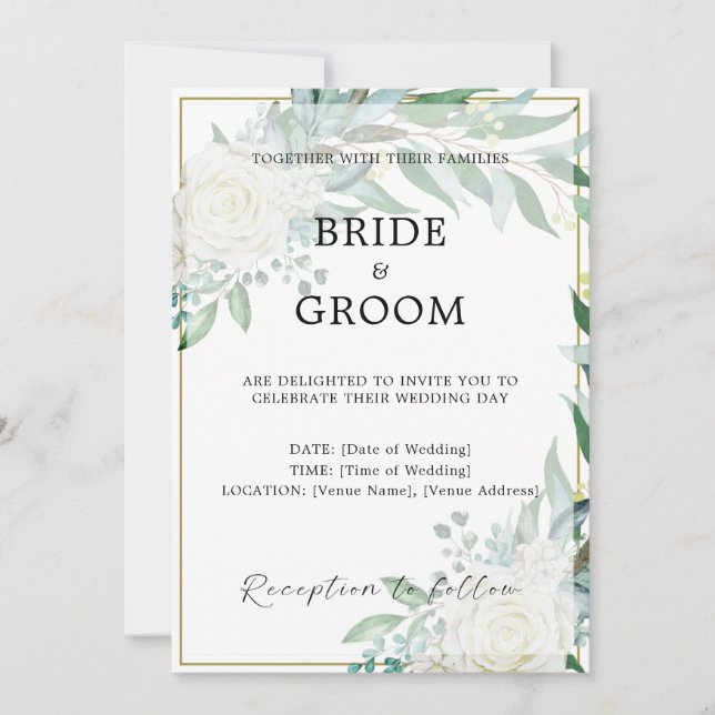 Gold Border Floral Greenery Wedding Invitation (Front)