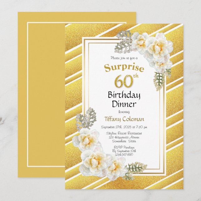 Gold Border Floral Surprise 60th Birthday Dinner Invitation (Front/Back)