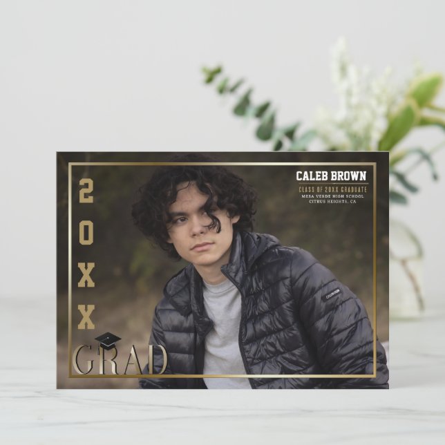 Gold Border Grad Graduation Photo Announcement (Standing Front)