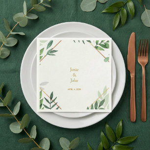 Gold border, green leaves Wedding names, reception Napkin