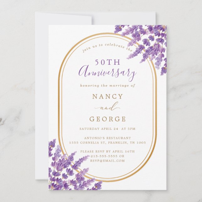 Gold Border Lavender 50th Wedding Anniversary Invitation (Front)