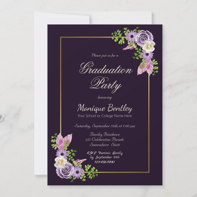 Gold Border Lavender Floral Purple Graduation Invitation (Front)