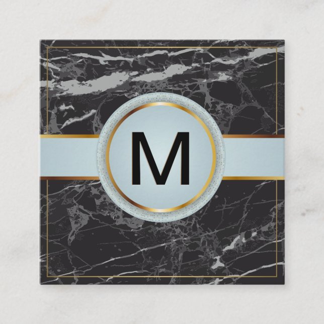 Gold Border Luxury Monogram Black Marble Square Business Card (Front)