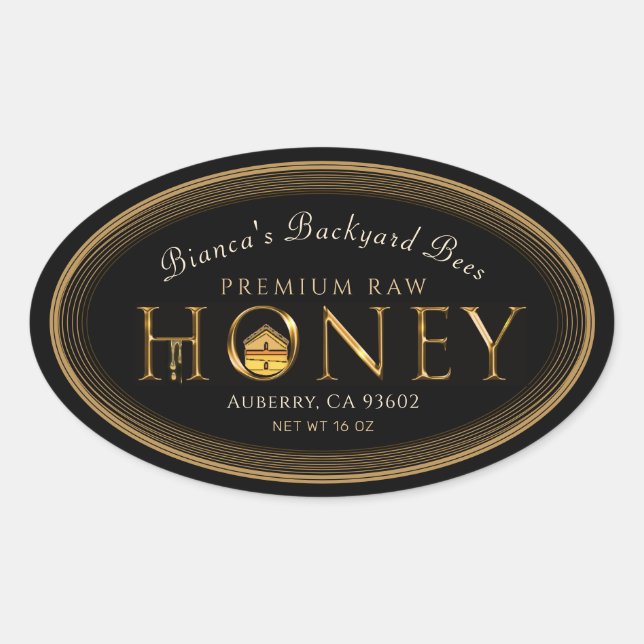 Gold Border Metallic Font Honey with drips Oval Oval Sticker (Front)