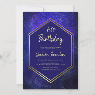 Gold Border Navy Blue Geometric 60th Birthday Invitation